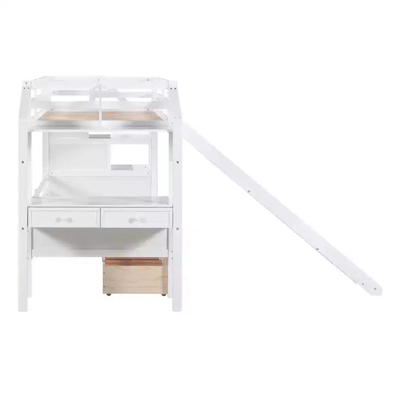 Whisen Twin over Twin Bunk Bed with Storage Staircase, Slide and Drawers, Desk with Drawers and Shelves