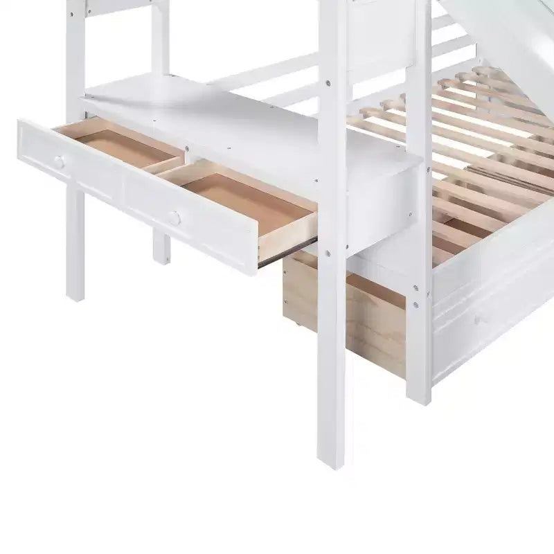 Whisen Twin over Twin Bunk Bed with Storage Staircase, Slide and Drawers, Desk with Drawers and Shelves