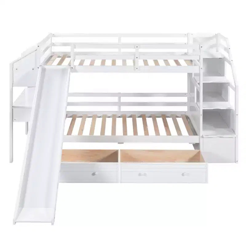 Whisen Twin over Twin Bunk Bed with Storage Staircase, Slide and Drawers, Desk with Drawers and Shelves