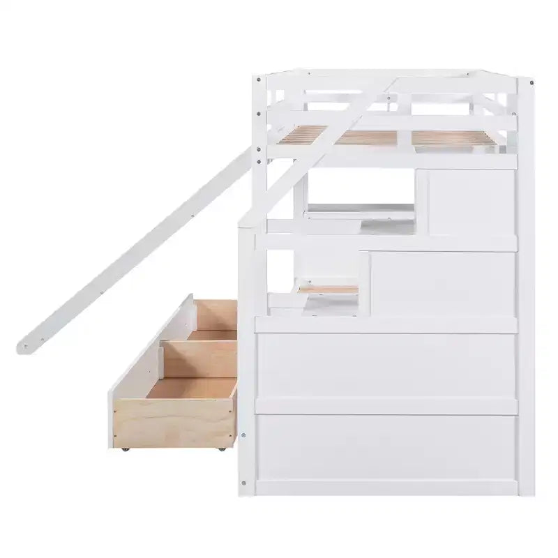 Whisen Twin over Twin Bunk Bed with Storage Staircase, Slide and Drawers, Desk with Drawers and Shelves