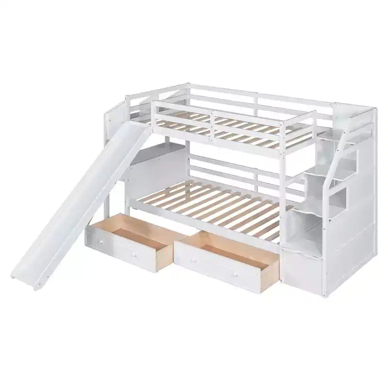Whisen Twin over Twin Bunk Bed with Storage Staircase, Slide and Drawers, Desk with Drawers and Shelves