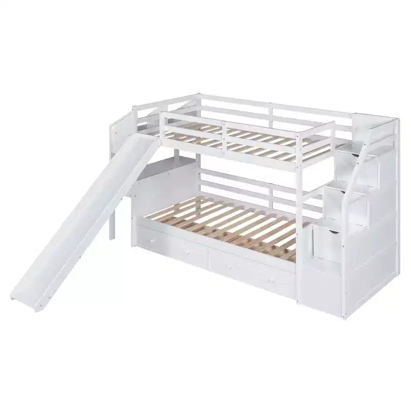 Whisen Twin over Twin Bunk Bed with Storage Staircase, Slide and Drawers, Desk with Drawers and Shelves