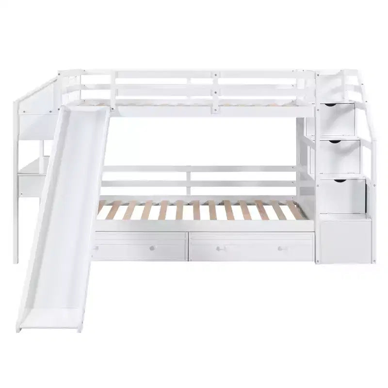 Whisen Twin over Twin Bunk Bed with Storage Staircase, Slide and Drawers, Desk with Drawers and Shelves