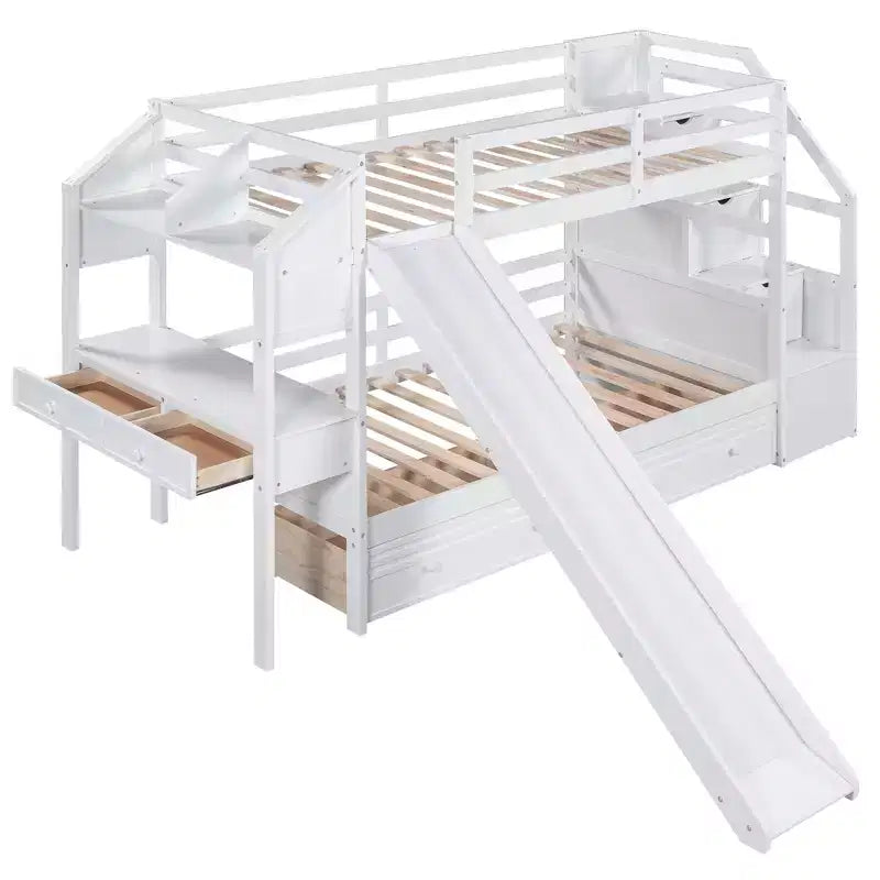 Whisen Twin over Twin Bunk Bed with Storage Staircase, Slide and Drawers, Desk with Drawers and Shelves