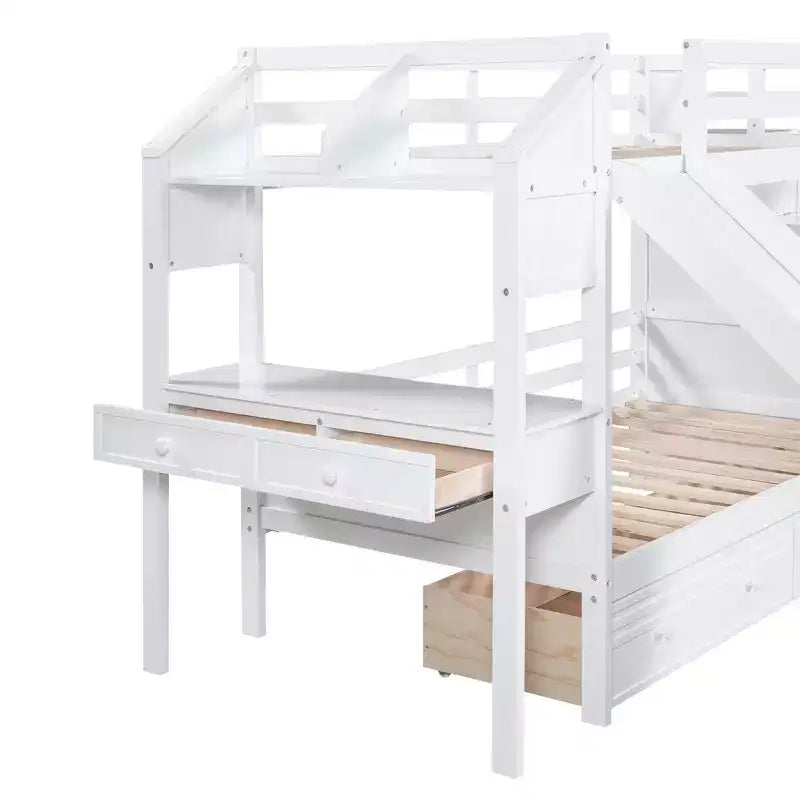 Whisen Twin over Twin Bunk Bed with Storage Staircase, Slide and Drawers, Desk with Drawers and Shelves