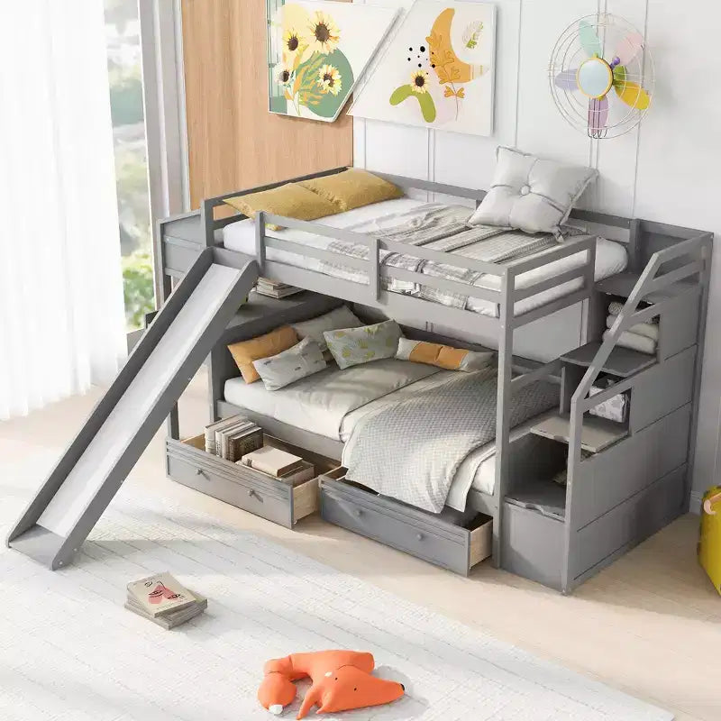 Whisen Twin over Twin Bunk Bed with Storage Staircase, Slide and Drawers, Desk with Drawers and Shelves