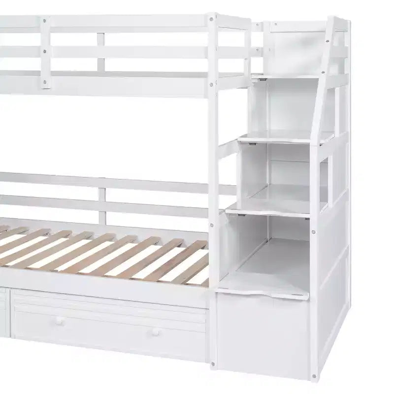 Whisen Twin over Twin Bunk Bed with Storage Staircase, Slide and Drawers, Desk with Drawers and Shelves