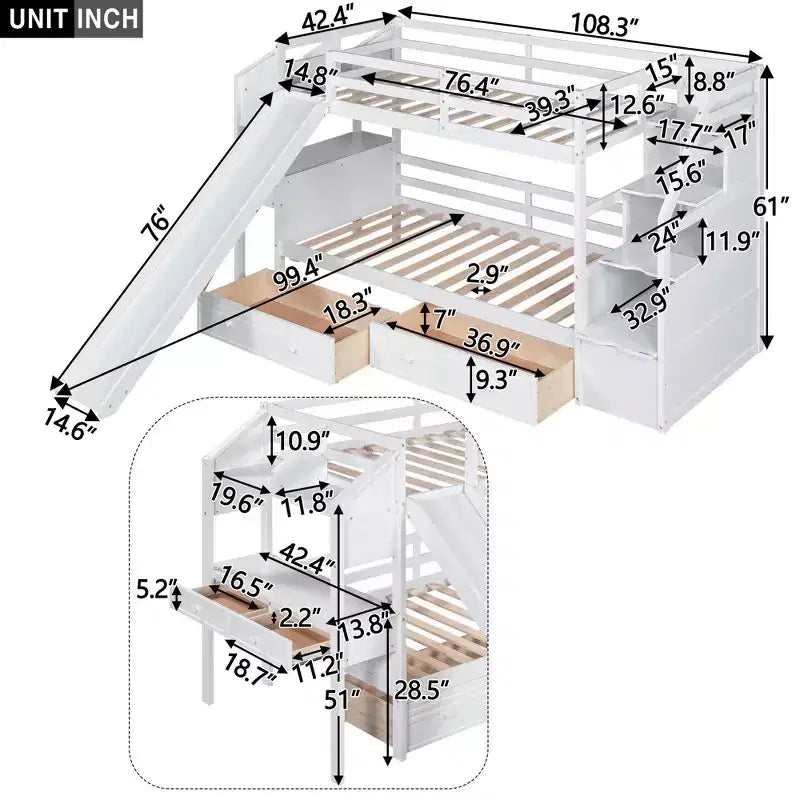 Whisen Twin over Twin Bunk Bed with Storage Staircase, Slide and Drawers, Desk with Drawers and Shelves