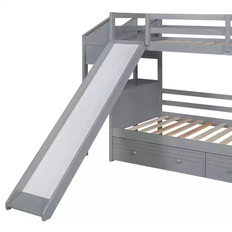 Whisen Twin over Twin Bunk Bed with Storage Staircase, Slide and Drawers, Desk with Drawers and Shelves