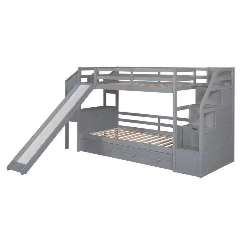 Whisen Twin over Twin Bunk Bed with Storage Staircase, Slide and Drawers, Desk with Drawers and Shelves