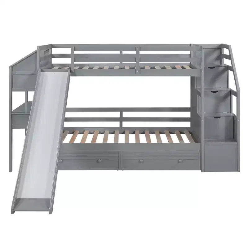 Whisen Twin over Twin Bunk Bed with Storage Staircase, Slide and Drawers, Desk with Drawers and Shelves