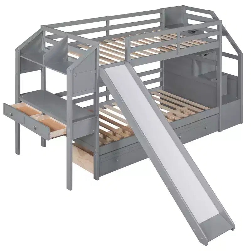 Whisen Twin over Twin Bunk Bed with Storage Staircase, Slide and Drawers, Desk with Drawers and Shelves