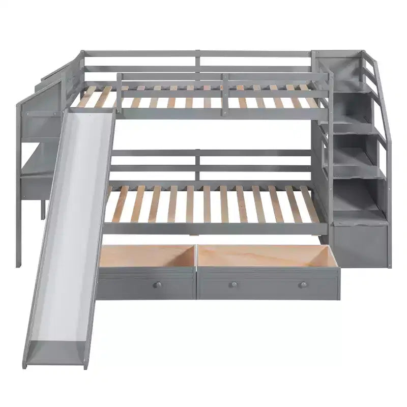 Whisen Twin over Twin Bunk Bed with Storage Staircase, Slide and Drawers, Desk with Drawers and Shelves