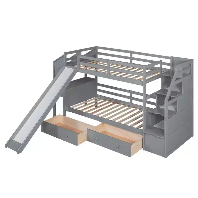Whisen Twin over Twin Bunk Bed with Storage Staircase, Slide and Drawers, Desk with Drawers and Shelves
