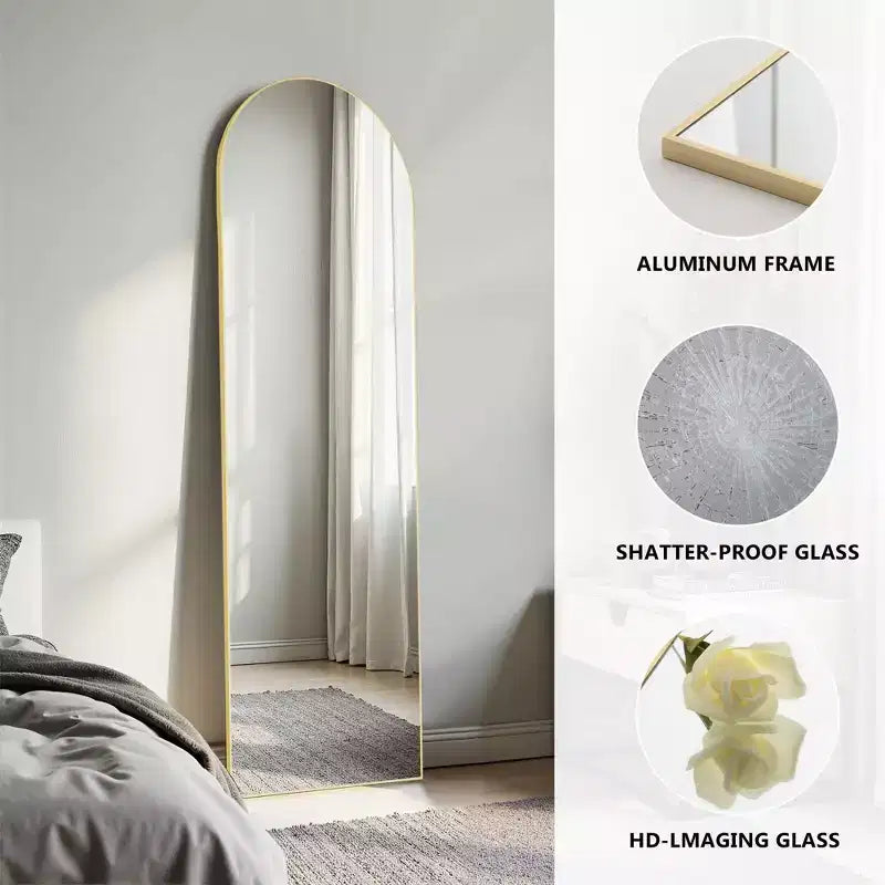 64 Inch Arched Right Angle Floor Standing Full-Length Mirror, Wall Mirror with Bracket Aluminum Alloy Thin Frame