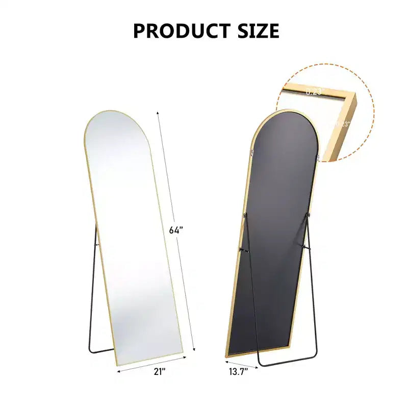 64 Inch Arched Right Angle Floor Standing Full-Length Mirror, Wall Mirror with Bracket Aluminum Alloy Thin Frame