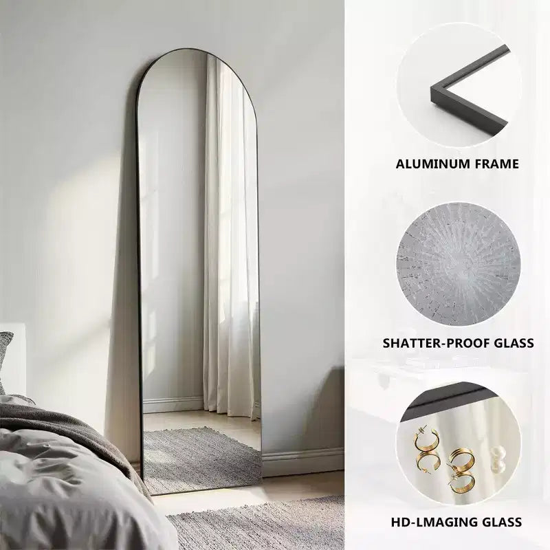 64 Inch Arched Right Angle Floor Standing Full-Length Mirror, Wall Mirror with Bracket Aluminum Alloy Thin Frame