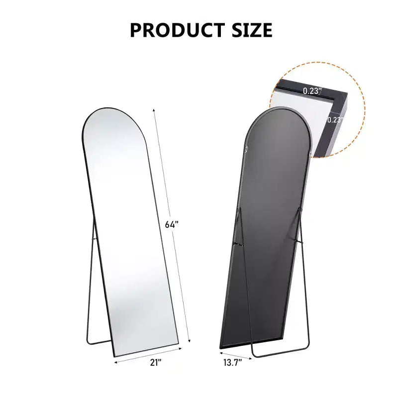 64 Inch Arched Right Angle Floor Standing Full-Length Mirror, Wall Mirror with Bracket Aluminum Alloy Thin Frame