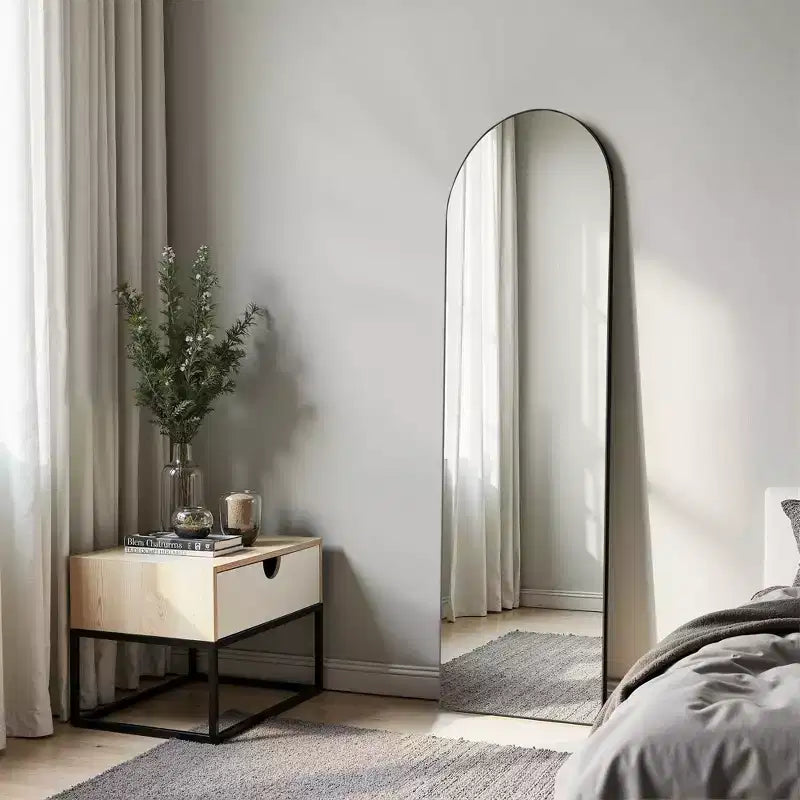 64 Inch Arched Right Angle Floor Standing Full-Length Mirror, Wall Mirror with Bracket Aluminum Alloy Thin Frame