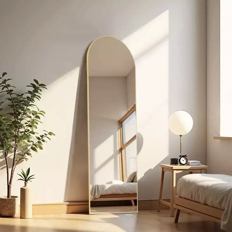 64 Inch Arched Right Angle Floor Standing Full-Length Mirror, Wall Mirror with Bracket Aluminum Alloy Thin Frame
