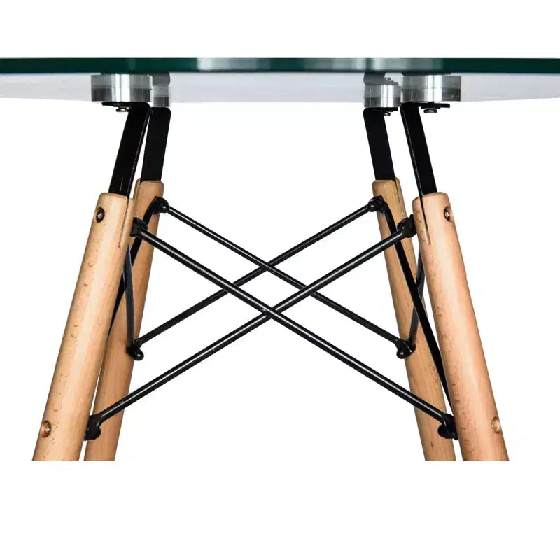 LeisureMod Dover 31-Inch Round Bistro Table - Mid-Century Modern Dining Table with Tempered Glass or MDF Wood Top and Natural Wood Eiffel Base