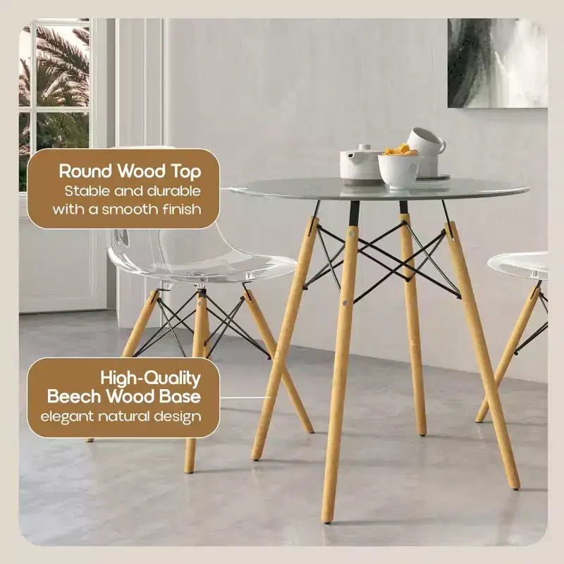 LeisureMod Dover 31-Inch Round Bistro Table - Mid-Century Modern Dining Table with Tempered Glass or MDF Wood Top and Natural Wood Eiffel Base