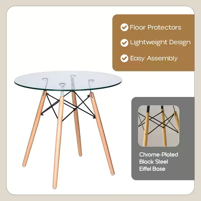 LeisureMod Dover 31-Inch Round Bistro Table - Mid-Century Modern Dining Table with Tempered Glass or MDF Wood Top and Natural Wood Eiffel Base