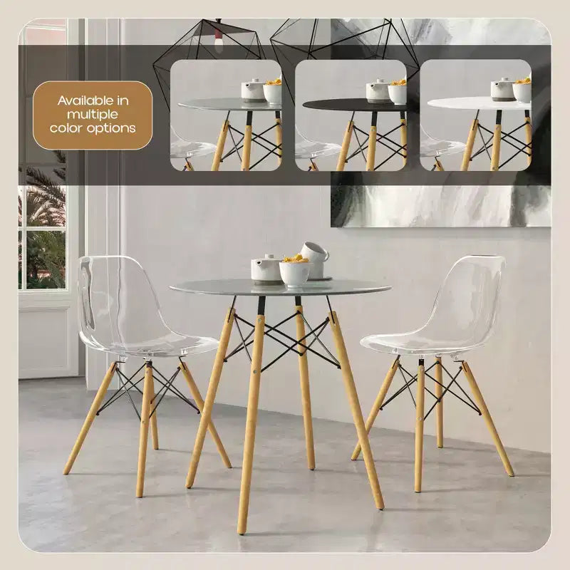 LeisureMod Dover 31-Inch Round Bistro Table - Mid-Century Modern Dining Table with Tempered Glass or MDF Wood Top and Natural Wood Eiffel Base