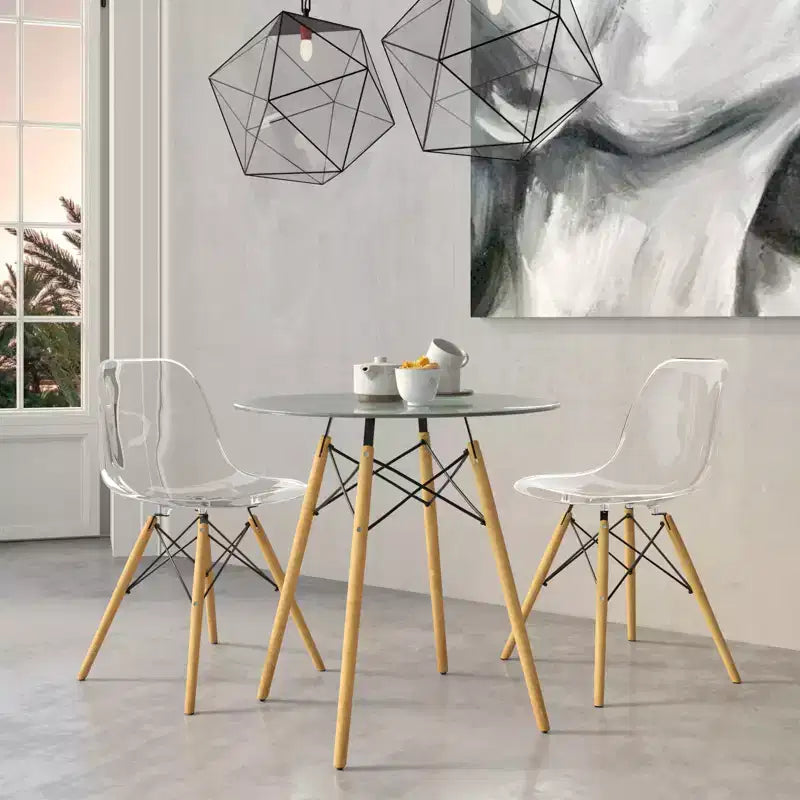 LeisureMod Dover 31-Inch Round Bistro Table - Mid-Century Modern Dining Table with Tempered Glass or MDF Wood Top and Natural Wood Eiffel Base