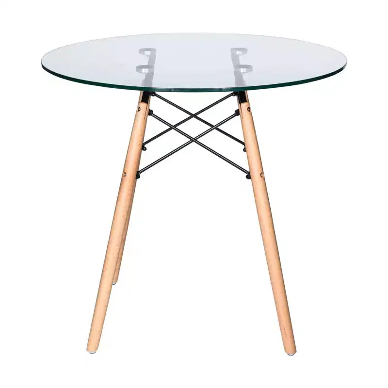 LeisureMod Dover 31-Inch Round Bistro Table - Mid-Century Modern Dining Table with Tempered Glass or MDF Wood Top and Natural Wood Eiffel Base