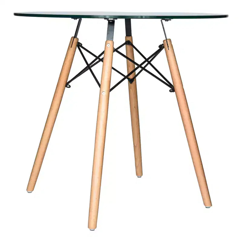 LeisureMod Dover 31-Inch Round Bistro Table - Mid-Century Modern Dining Table with Tempered Glass or MDF Wood Top and Natural Wood Eiffel Base