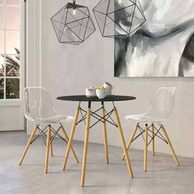 LeisureMod Dover 31-Inch Round Bistro Table - Mid-Century Modern Dining Table with Tempered Glass or MDF Wood Top and Natural Wood Eiffel Base
