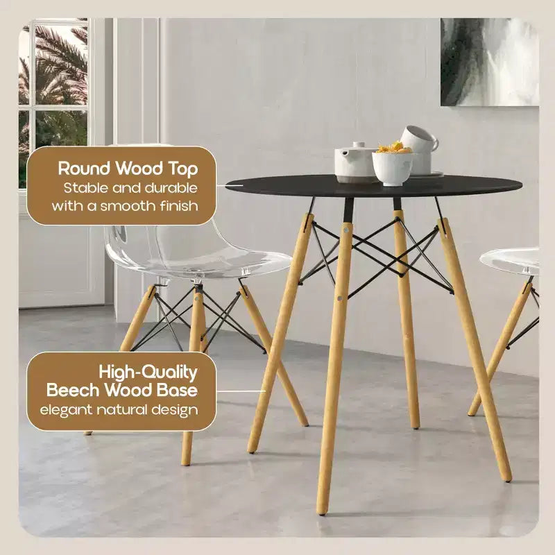 LeisureMod Dover 31-Inch Round Bistro Table - Mid-Century Modern Dining Table with Tempered Glass or MDF Wood Top and Natural Wood Eiffel Base