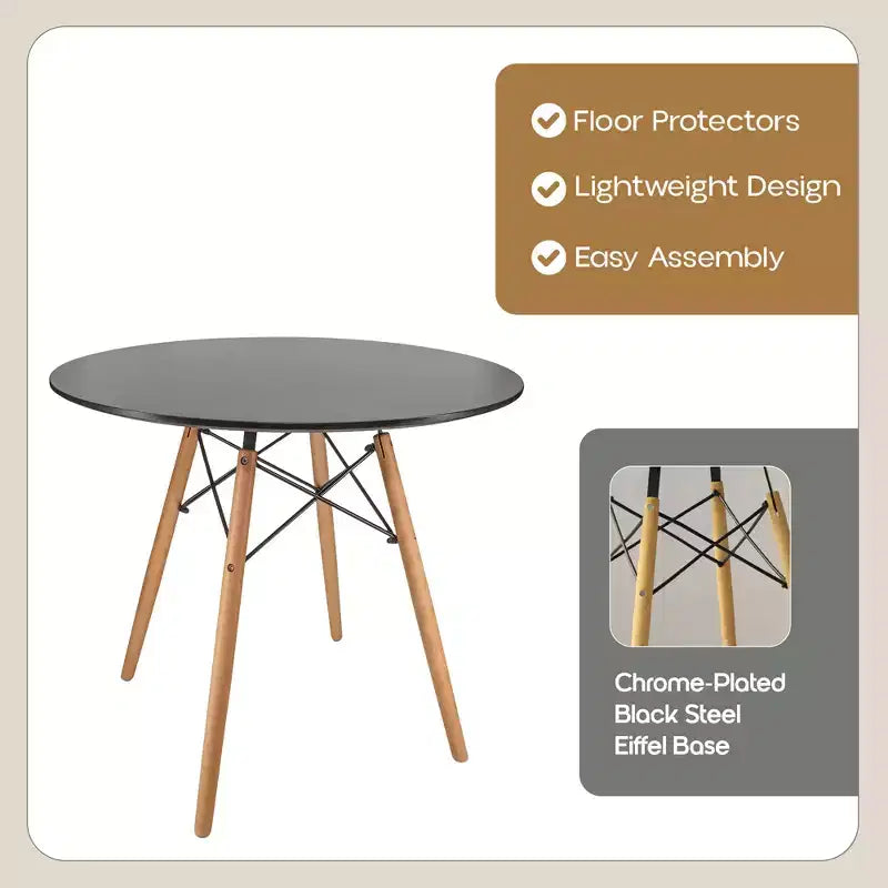 LeisureMod Dover 31-Inch Round Bistro Table - Mid-Century Modern Dining Table with Tempered Glass or MDF Wood Top and Natural Wood Eiffel Base