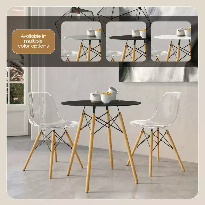 LeisureMod Dover 31-Inch Round Bistro Table - Mid-Century Modern Dining Table with Tempered Glass or MDF Wood Top and Natural Wood Eiffel Base