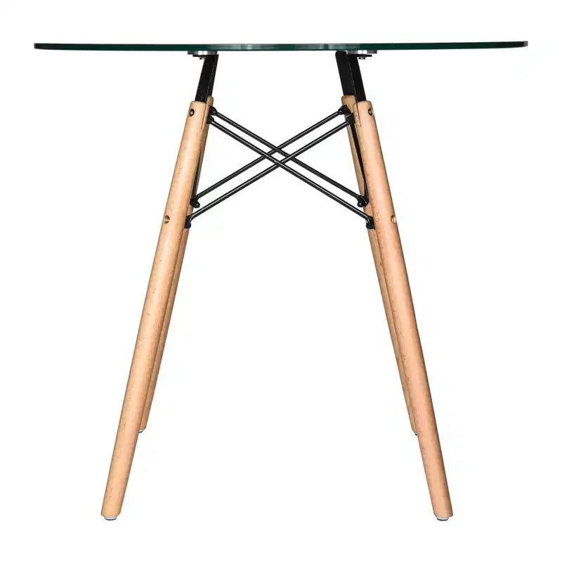LeisureMod Dover 31-Inch Round Bistro Table - Mid-Century Modern Dining Table with Tempered Glass or MDF Wood Top and Natural Wood Eiffel Base