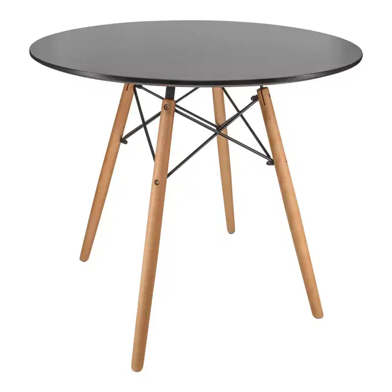 LeisureMod Dover 31-Inch Round Bistro Table - Mid-Century Modern Dining Table with Tempered Glass or MDF Wood Top and Natural Wood Eiffel Base