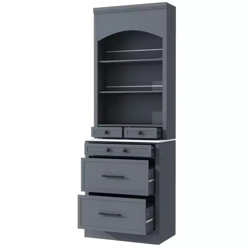 83.7H Kitchen Pantry, Freestanding Kitchen Hutch with Faux Marble Top, Cupboard Cabinet with 5 Drawers and Adjustable Shelf - ModernLuxe
