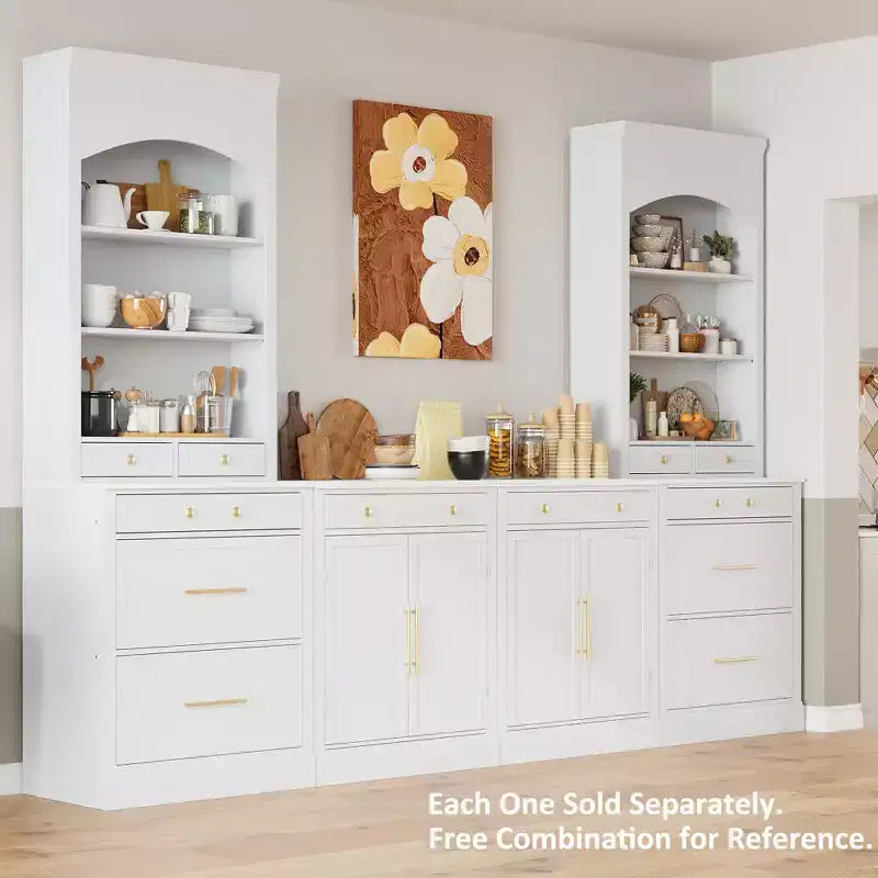83.7H Kitchen Pantry, Freestanding Kitchen Hutch with Faux Marble Top, Cupboard Cabinet with 5 Drawers and Adjustable Shelf - ModernLuxe