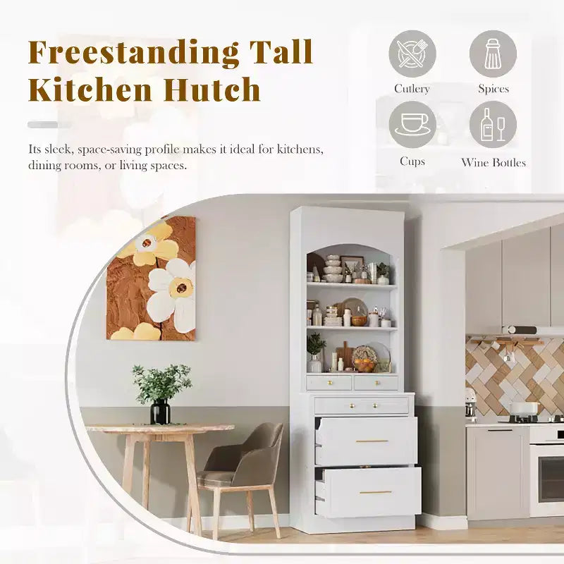 83.7H Kitchen Pantry, Freestanding Kitchen Hutch with Faux Marble Top, Cupboard Cabinet with 5 Drawers and Adjustable Shelf - ModernLuxe