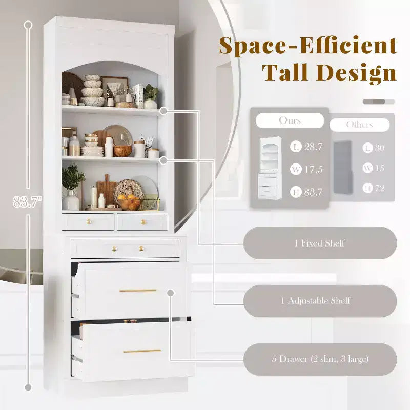 83.7H Kitchen Pantry, Freestanding Kitchen Hutch with Faux Marble Top, Cupboard Cabinet with 5 Drawers and Adjustable Shelf - ModernLuxe
