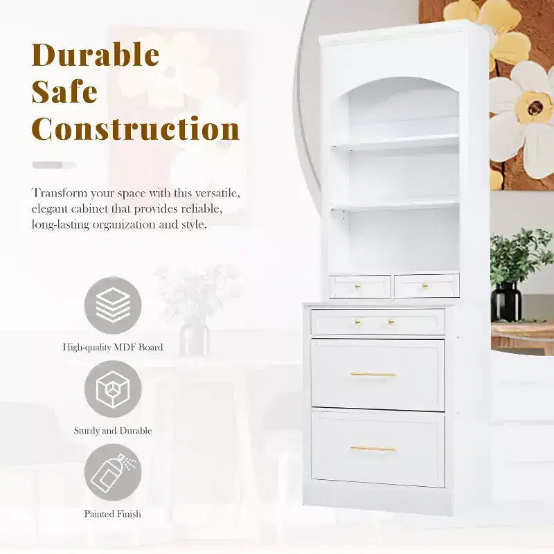 83.7H Kitchen Pantry, Freestanding Kitchen Hutch with Faux Marble Top, Cupboard Cabinet with 5 Drawers and Adjustable Shelf - ModernLuxe
