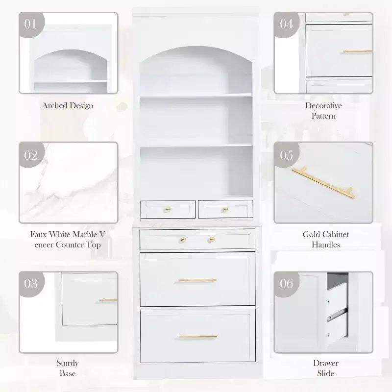 83.7H Kitchen Pantry, Freestanding Kitchen Hutch with Faux Marble Top, Cupboard Cabinet with 5 Drawers and Adjustable Shelf - ModernLuxe