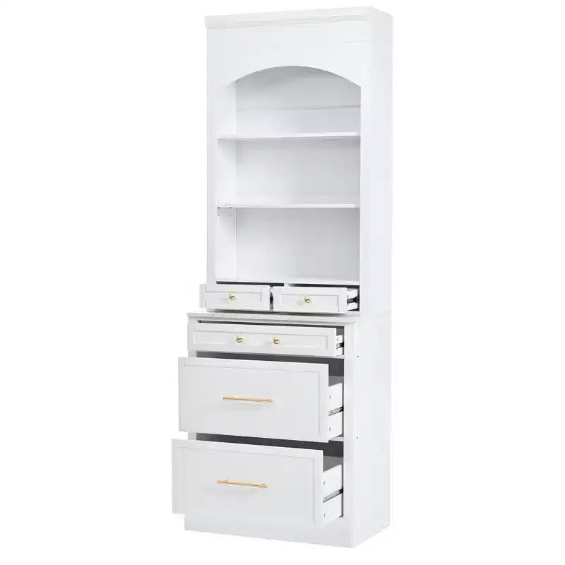 83.7H Kitchen Pantry, Freestanding Kitchen Hutch with Faux Marble Top, Cupboard Cabinet with 5 Drawers and Adjustable Shelf - ModernLuxe
