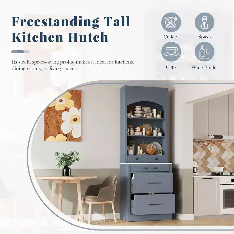 83.7H Kitchen Pantry, Freestanding Kitchen Hutch with Faux Marble Top, Cupboard Cabinet with 5 Drawers and Adjustable Shelf - ModernLuxe