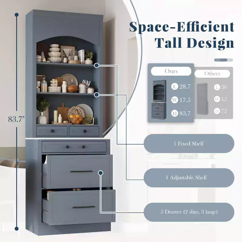 83.7H Kitchen Pantry, Freestanding Kitchen Hutch with Faux Marble Top, Cupboard Cabinet with 5 Drawers and Adjustable Shelf - ModernLuxe