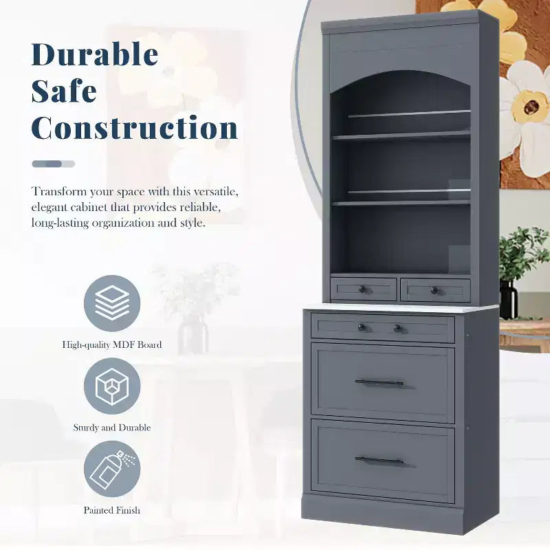 83.7H Kitchen Pantry, Freestanding Kitchen Hutch with Faux Marble Top, Cupboard Cabinet with 5 Drawers and Adjustable Shelf - ModernLuxe
