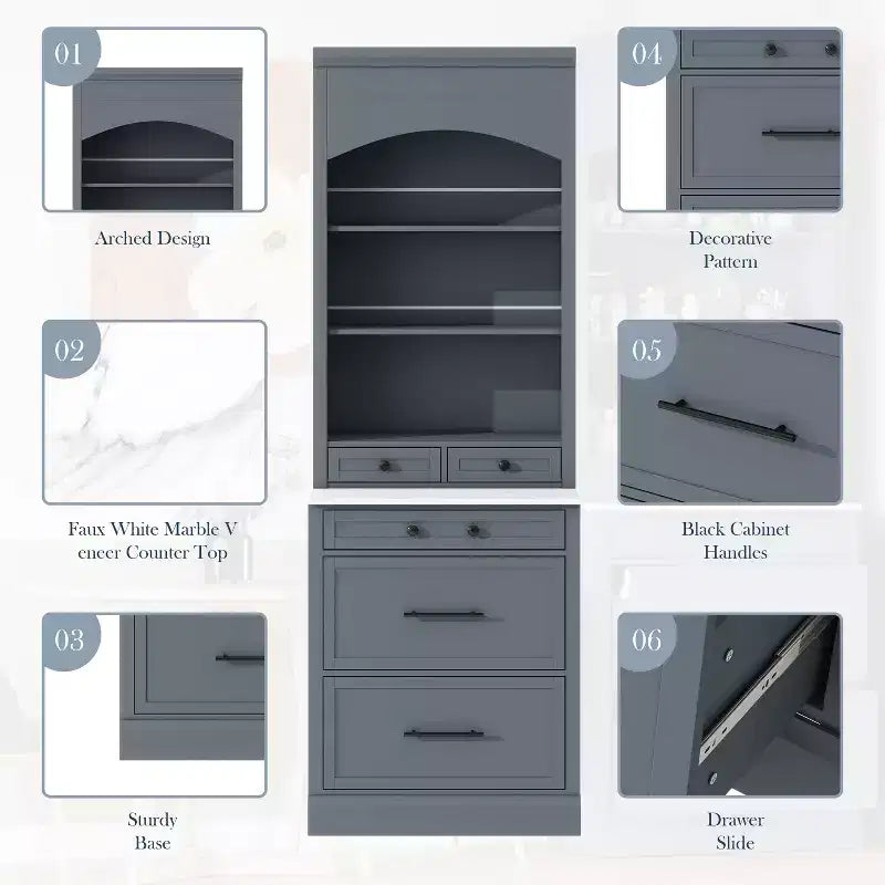 83.7H Kitchen Pantry, Freestanding Kitchen Hutch with Faux Marble Top, Cupboard Cabinet with 5 Drawers and Adjustable Shelf - ModernLuxe