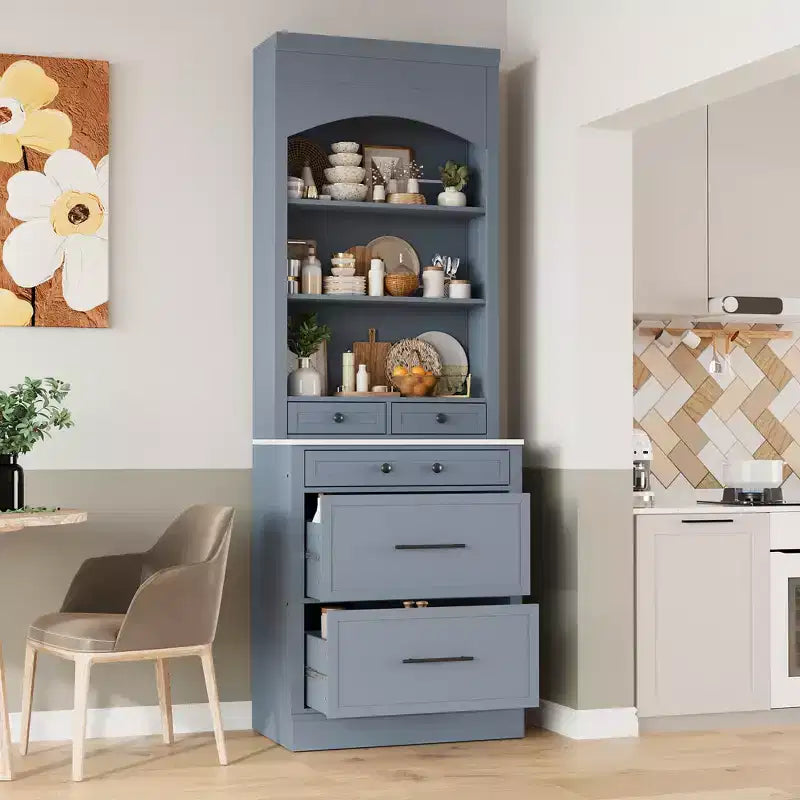 83.7H Kitchen Pantry, Freestanding Kitchen Hutch with Faux Marble Top, Cupboard Cabinet with 5 Drawers and Adjustable Shelf - ModernLuxe