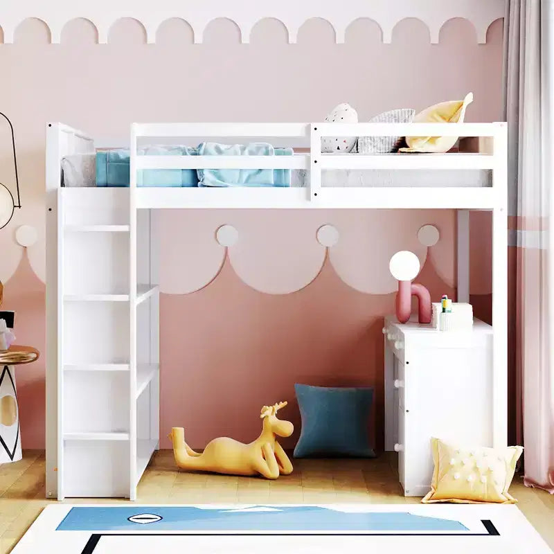 Twin/Full Size Loft Bed with Ladder, Shelves and Desk with Drawers - ModernLuxe